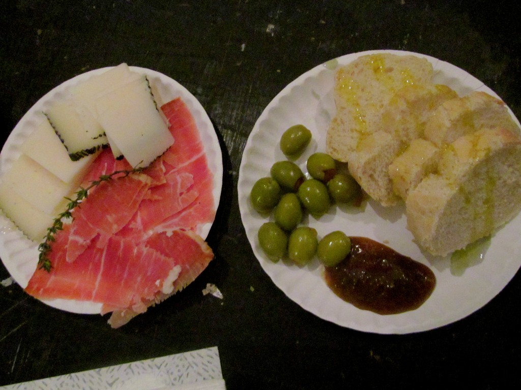 Manchego, ham, bread + EVOO, olives, and fig jam!