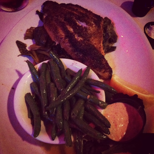 Blackened catfish, collards, and garlicky green beans. Mmmm!