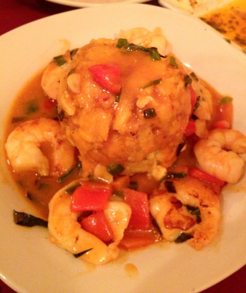 Mofongo de Camaron: classic Puerto Rican mashed fried plantains with shrimp sauce.