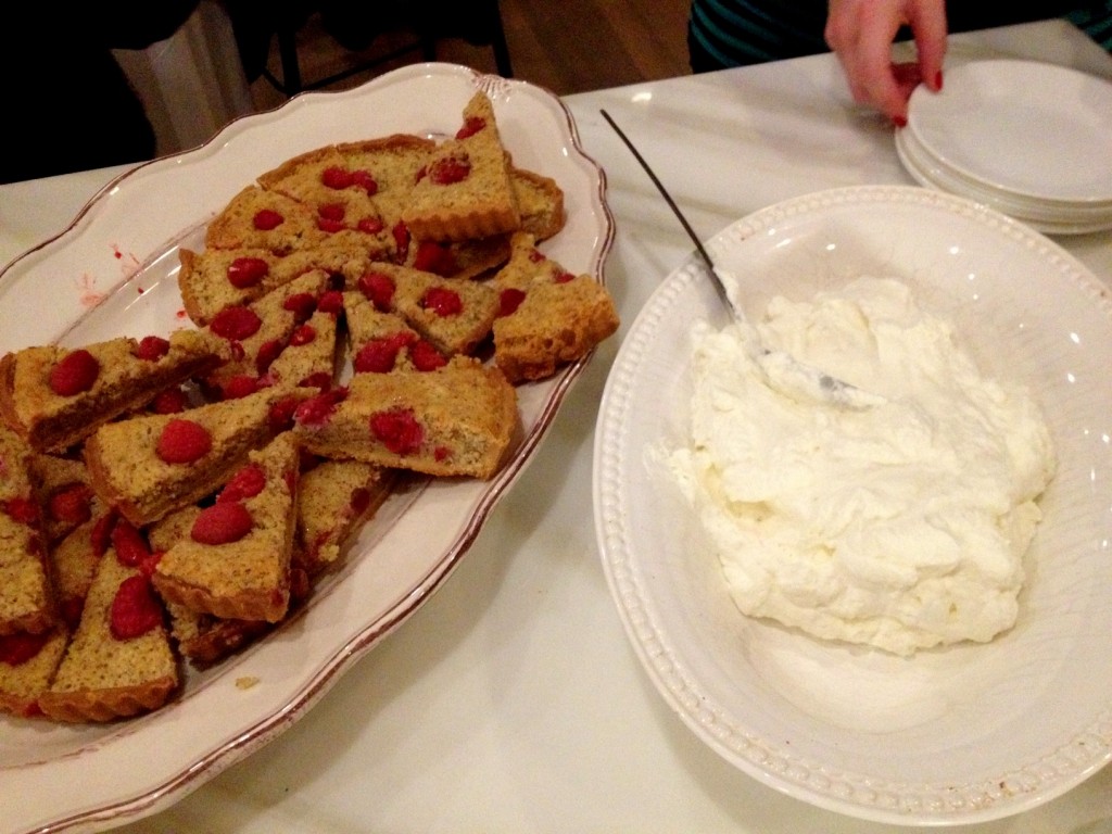 Raspberry crumble with homemade whipped cream. This was marvelous when paired with Riesling.