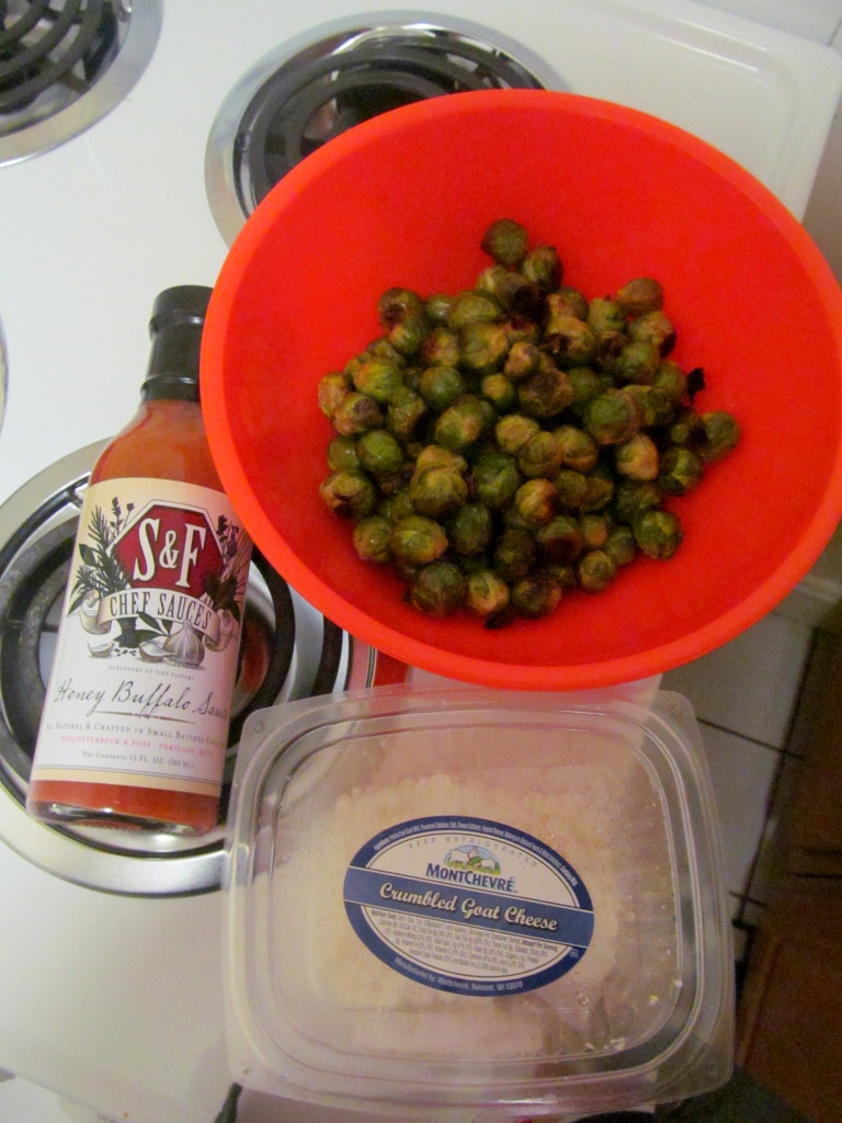 The specific sauce and goat cheese I used, along with the roasted brussels.