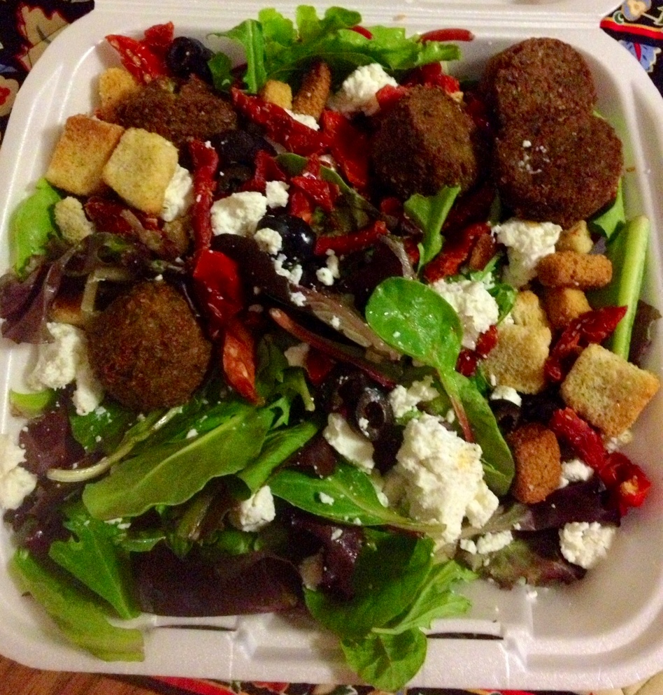Cheese and brussels do not a meal make. I grabbed a midnight falafel salad from a late-night spot by my apartment, and it was great! I watched "Sex and the City", drank a Bordeaux, and nommed this up. Perfect end to my Friday.