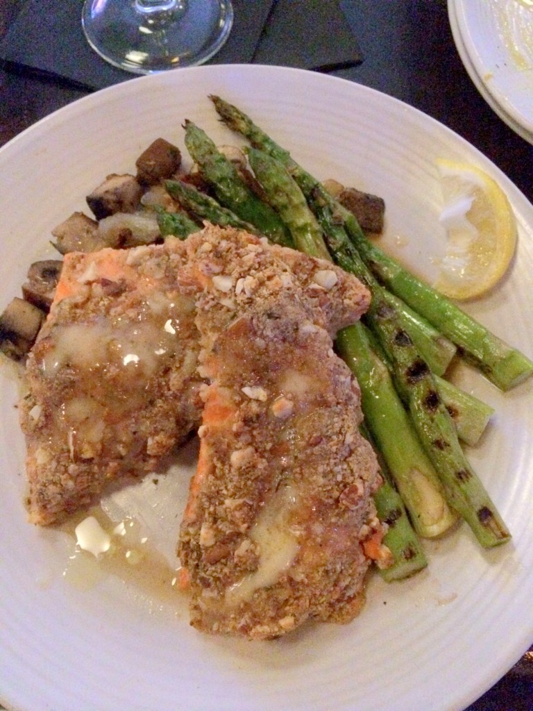 My incredible almond-crusted salmon special, with asparagus and mushrooms!