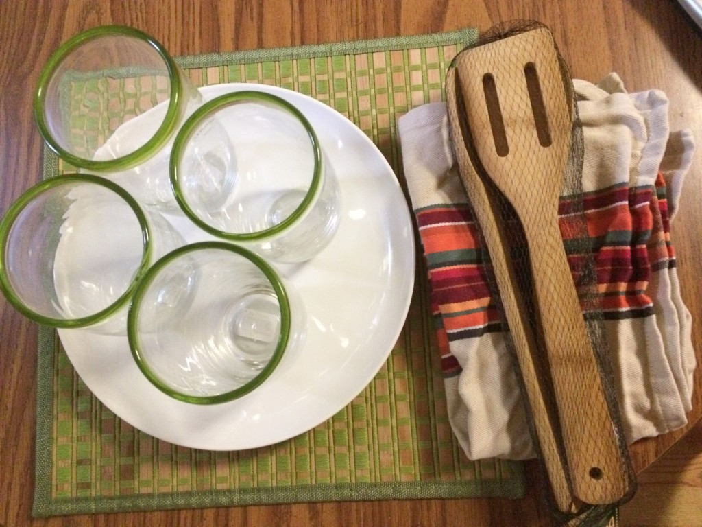 I was also fortunate enough to receive this lovely glass/plate set with wooden utensils, napkin, and a placemat!