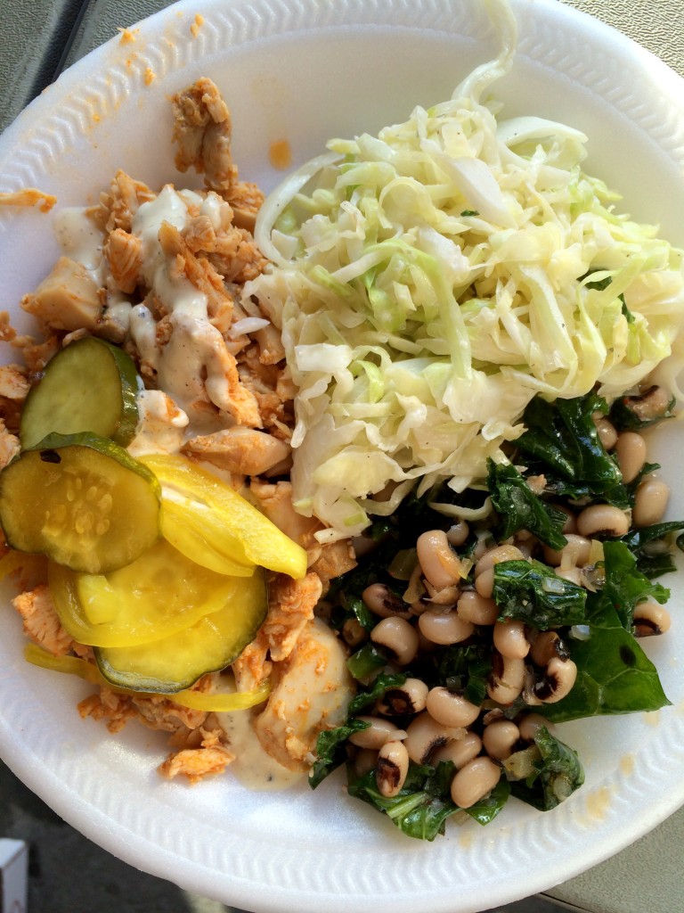 I would have paid money for this plate of delicious BBQ chicken, pickles, slaw, and kale salad with black eyed peas!