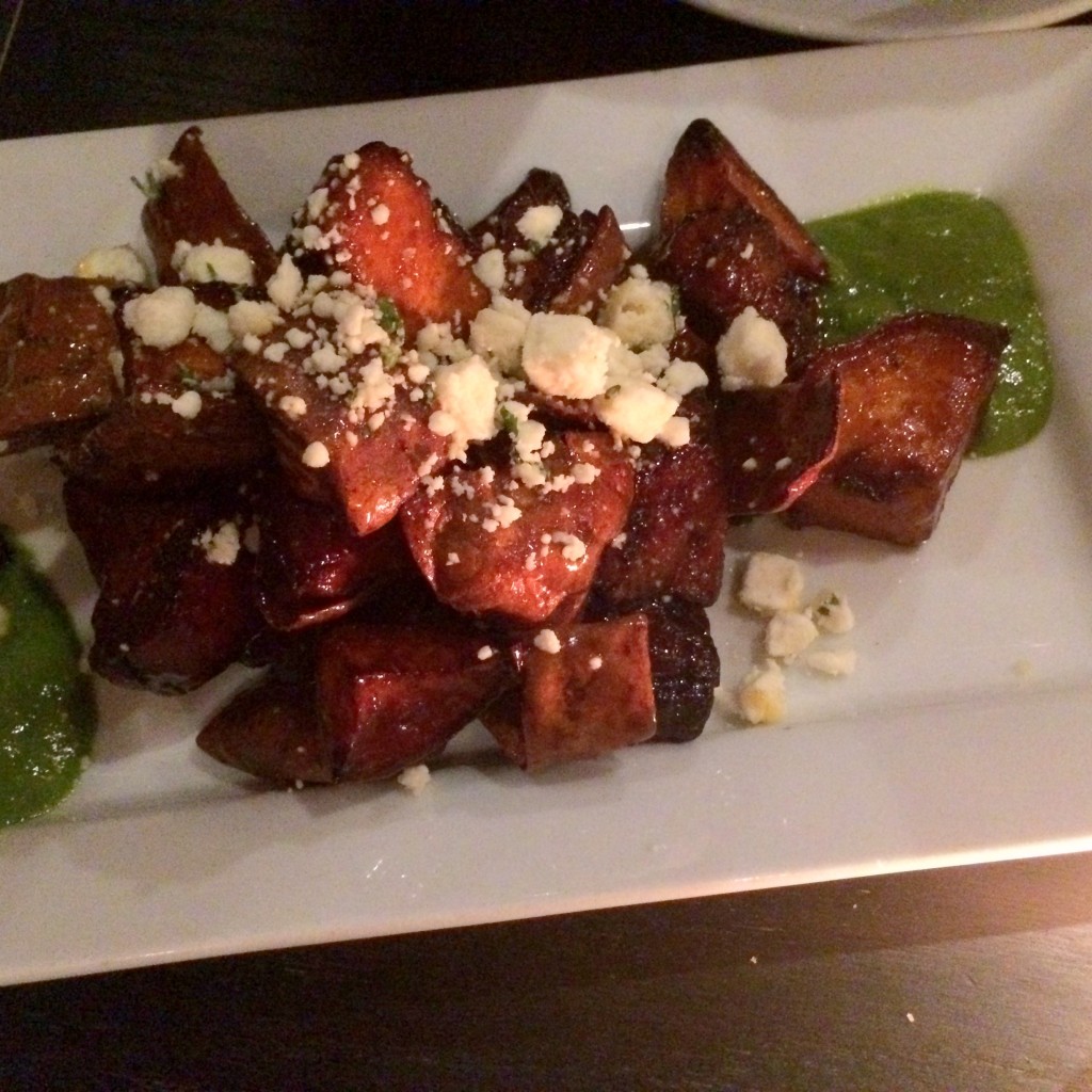 Sweet potato bravas - with feta and avocado cilantro dipping sauce. These blew us away. I could not stop eating them!